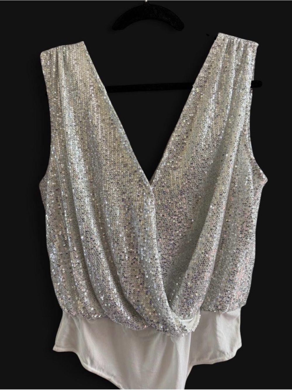 Silver Sequin Bodysuit with overlap wrap front & elegant waterfall backside NWOT